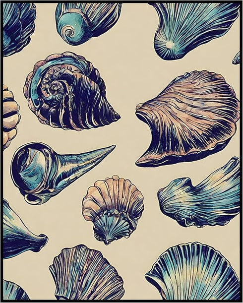 Posterizer 1 pcs-cute sparkly blue shells-Coastal & Nautical Art-Gift for Nature, Surfers and Beach Lovers -Decor for Beach House- unframed wall a...